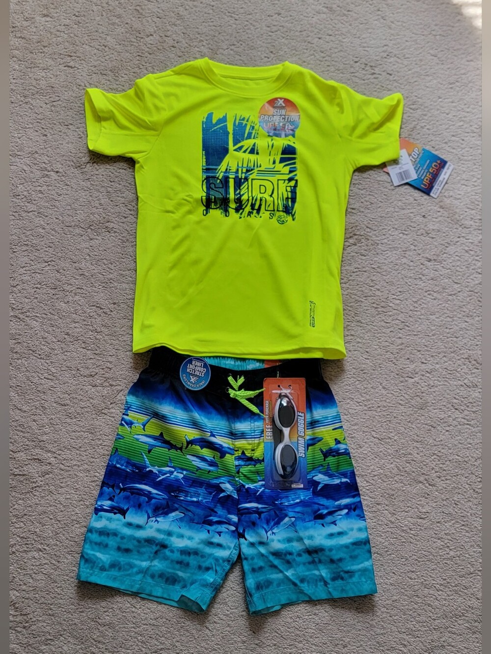 Sun-Protective Kids Surf Rash Guard & Swim Shorts Set - Neon Yellow & Blue